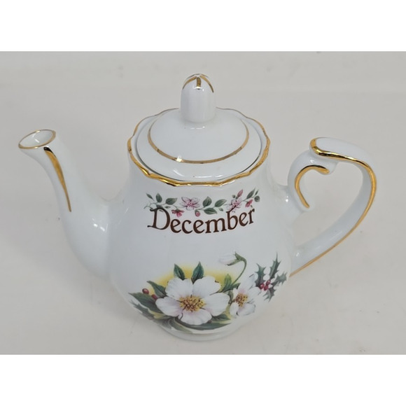 Golden Crown E& R Germany 3 1/2 in Mini Birthday Teapot White Floral December - Picture 2 of 9